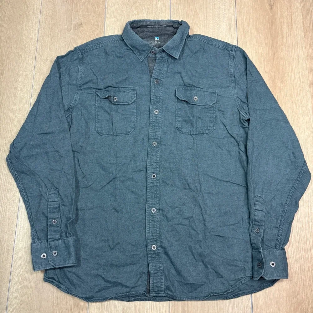 KUHL Mens Large Teal Blue Cotton Flannel Long Sleeve Button Up Shirt RN 108846